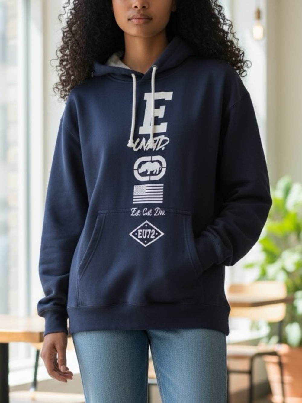 Ecko Unlimited Navy Pullover Hoodie with White Graphic Logo